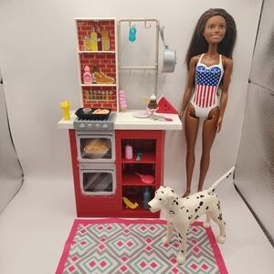 Barbie Lot - USA Olympic Swimmer, Kennel Care Dalmatian Dog, Kitchen Dishes Food